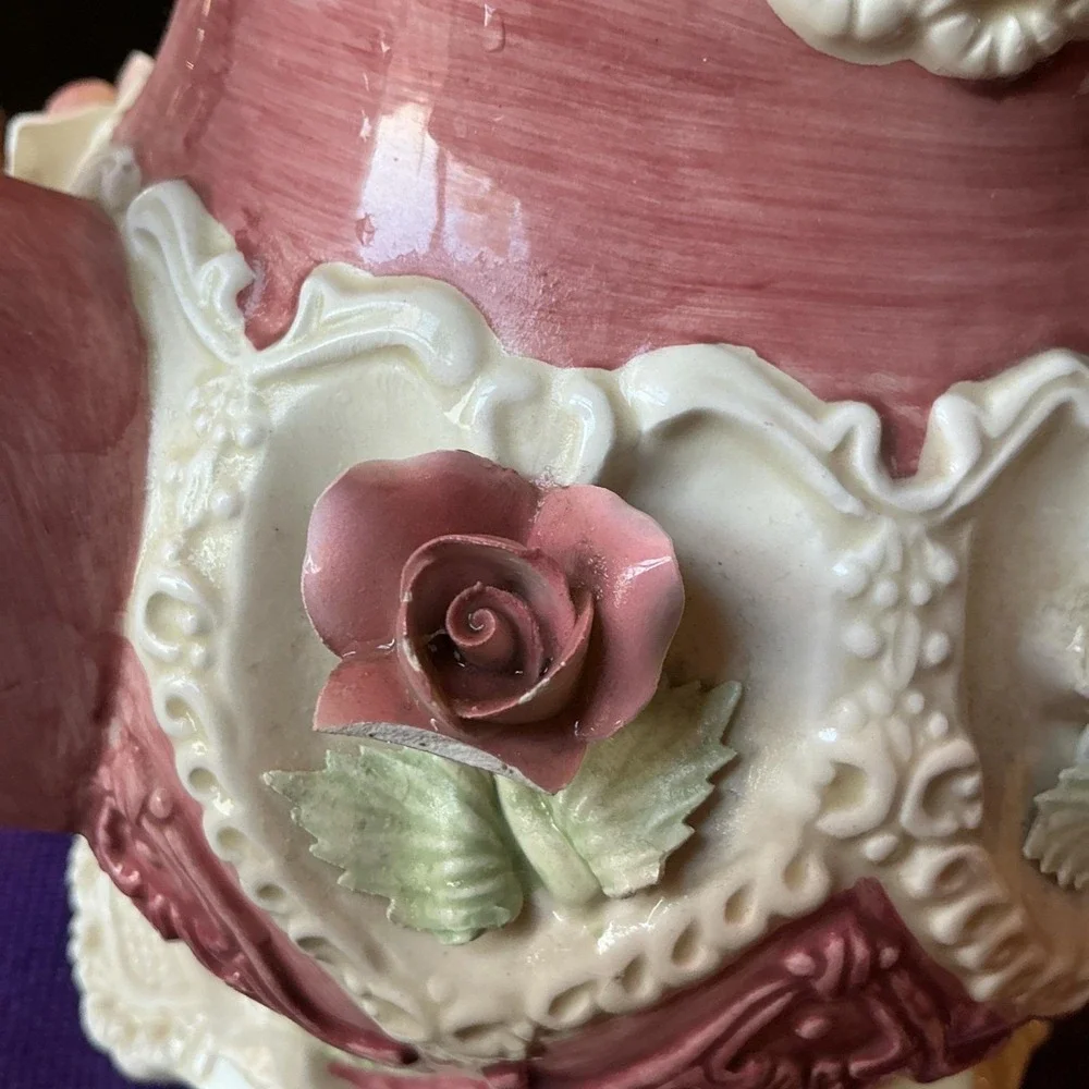 Antique‎ Majolica Teapot Pink Victorian 3D Roses (Damaged)